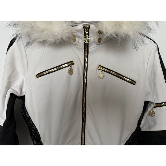 Luxury White Black Gold Fur Hooded Ski Suit Jumpsuit Women's Snowboard US 6 - Picture 4 of 16
